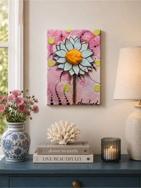 Handmade 3D Mixed Media Blue Flower Wall Art 8x10